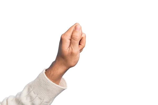 在孤立的白色背景上伸出手指的高加索年轻人的手 手握着空白的大拇指 手握商务和广告 — 图库照片