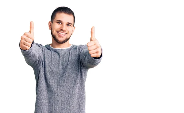 Young Handsome Man Wearing Casual Sweater Approving Doing Positive Gesture — Stock Photo, Image