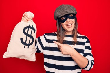 Şapka ve maske takan genç, güzel bir hırsız. Elinde dolar sembolü olan para çantası var. Mutlu bir gülümseme.