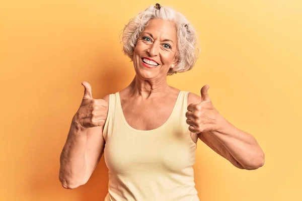 Senior Grey Haired Woman Wearing Casual Clothes Success Sign Doing — Stock Photo, Image