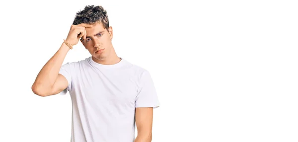 Young Handsome Man Wearing Casual White Tshirt Worried Stressed Problem — Stock Photo, Image