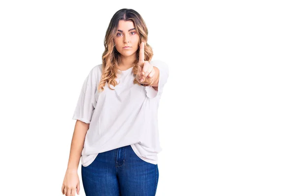 Young Caucasian Woman Wearing Casual Clothes Pointing Finger Angry Expression — Stock Photo, Image