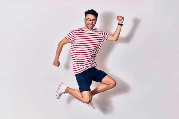 Young Handsome Man Wearing Casual Clothes Glasses Smiling Happy Jumping — Stock Photo, Image