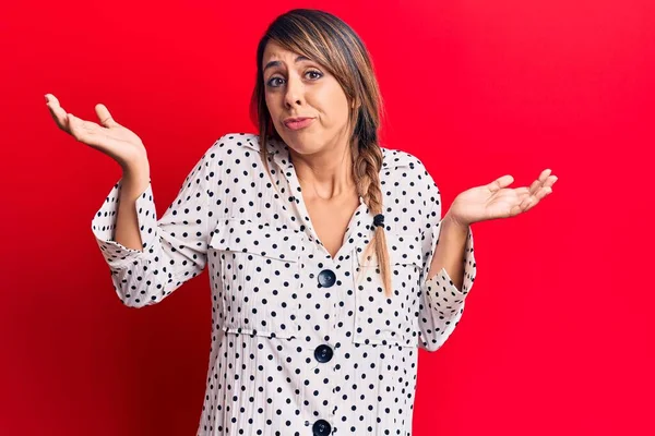 Young Beautiful Woman Wearing Casual Dress Clueless Confused Open Arms — Stock Photo, Image