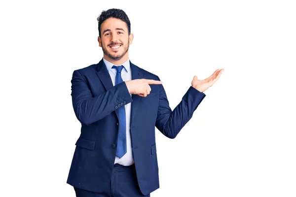 Young Hispanic Man Wearing Business Clothes Amazed Smiling Camera While — Stock Photo, Image