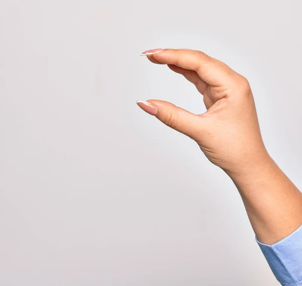 Mano Giovane Donna Caucasica Che Segno Cattura Sfondo Bianco Isolato — Foto Stock