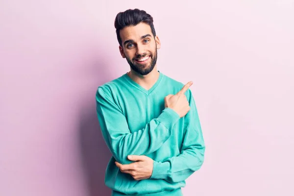 Young Handsome Man Beard Wearing Casual Sweater Smiling Cheerful Pointing — Stock Photo, Image