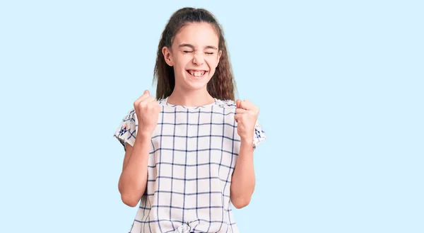 Cute Hispanic Child Girl Wearing Casual Clothes Excited Success Arms — Stock Photo, Image