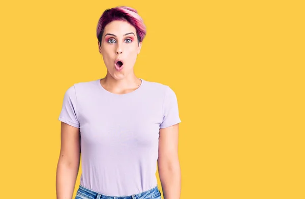 Young Beautiful Woman Pink Hair Wearing Casual Clothes Afraid Shocked — Stock Photo, Image