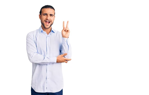 Jeune Homme Beau Portant Des Vêtements Travail Souriant Avec Visage — Photo