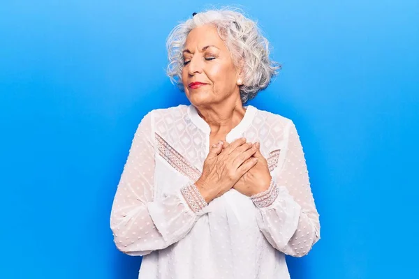 Senior Grey Haired Woman Wearing Casual Clothes Smiling Hands Chest — Stock Photo, Image