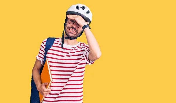 Young Hispanic Man Wearing Student Backpack Bike Helmet Holding Binder — Stock Photo, Image