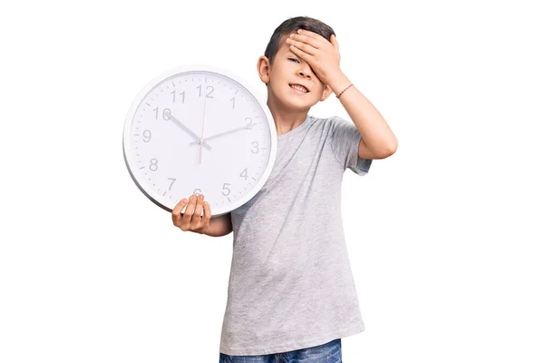 Cute Blond Kid Holding Big Clock Stressed Frustrated Hand Head — Stock Photo, Image