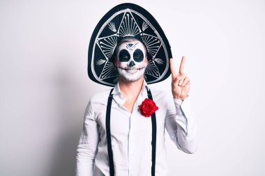 Ölü kostümün olduğu günü beyazın üzerine giymiş gülen bir adam kameraya göz kırpıyor ve zafer işareti yapıyor. İki numara.. 