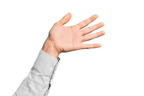 孤立した白い背景の上に指を示す白人青年の手は サポートと助けを求めて手を差し伸べ ジェスチャーを支援する — ストック写真