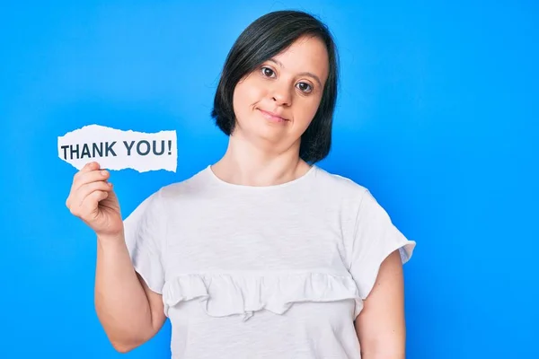 Brunette Woman Syndrome Holding Thank You Paper Thinking Attitude Sober — Stock Photo, Image