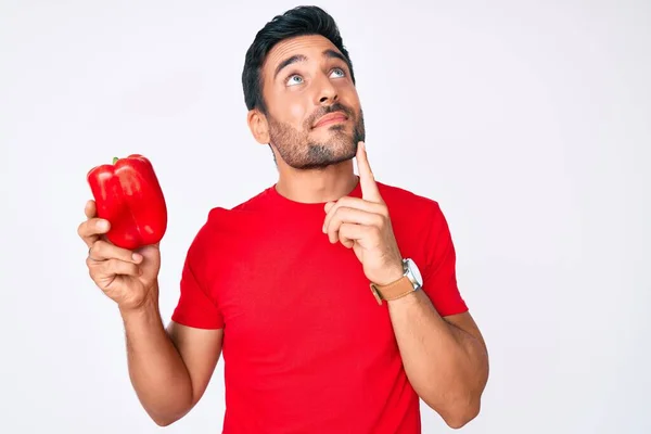 Young Hispanic Man Holding Red Pepper Serious Face Thinking Question — Stock Photo, Image