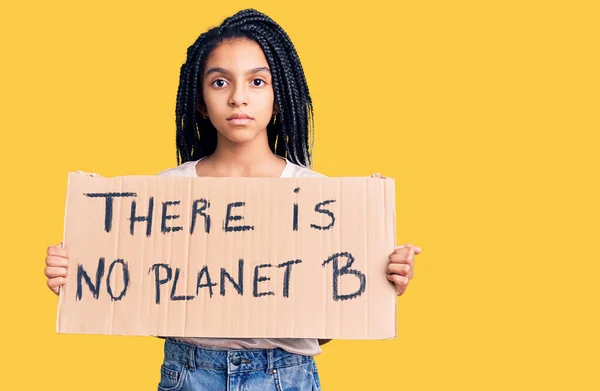 Cute African American Girl Holding Planet Banner Thinking Attitude Sober — Stock Photo, Image