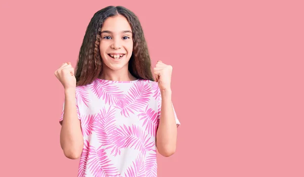 Cute Hispanic Child Girl Wearing Casual Clothes Celebrating Surprised Amazed — Stock Photo, Image