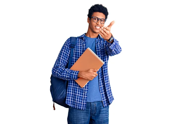 Young African American Man Wearing Student Backpack Holding Book Smiling — Stock Photo, Image
