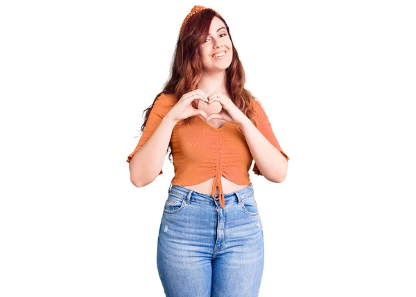 Young Beautiful Woman Wearing Casual Clothes Smiling Love Showing Heart — Stock Photo, Image