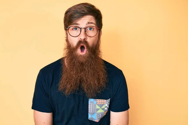 Knappe Jonge Roodharige Man Met Lange Baard Casual Kleding Bril — Stockfoto