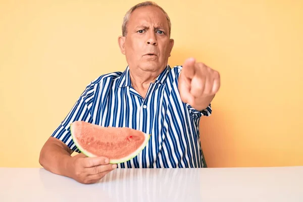 Senior Handsome Man Gray Hair Eating Sweet Watermelon Slice Pointing — Stock Photo, Image