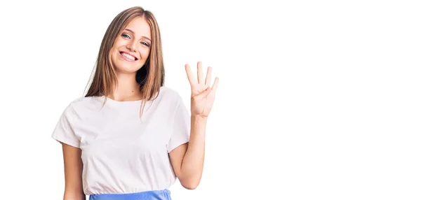 Jong Mooi Blond Vrouw Dragen Zomer Stijl Tonen Wijzen Omhoog — Stockfoto