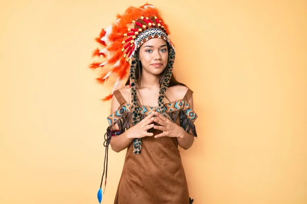 Young Beautiful Latin Girl Wearing Indian Costume Hands Together Fingers — Stock Photo, Image