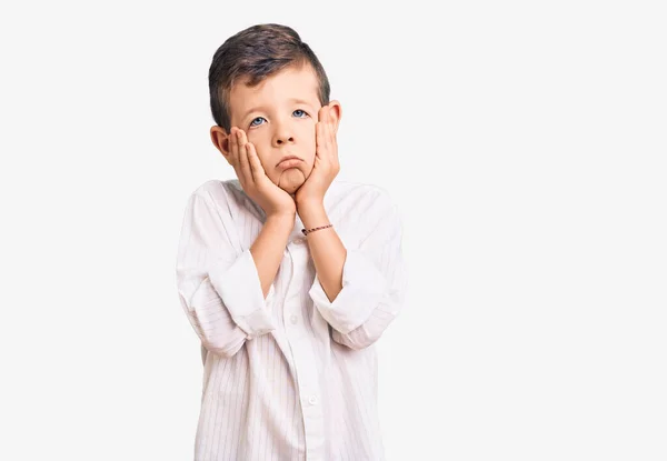 Cute Blond Kid Wearing Elegant Shirt Tired Hands Covering Face — Stock Photo, Image