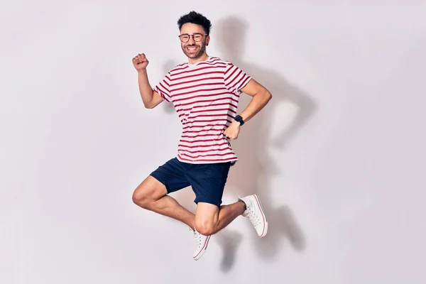 Young Handsome Man Wearing Casual Clothes Glasses Smiling Happy Jumping — Stock Photo, Image