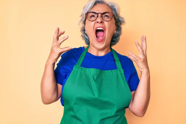 Ältere Hispanische Frau Mit Schürze Und Brille Verrückt Und Verrückt — Stockfoto