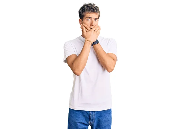 Young Handsome Man Wearing Casual White Tshirt Shocked Covering Mouth — Stock Photo, Image