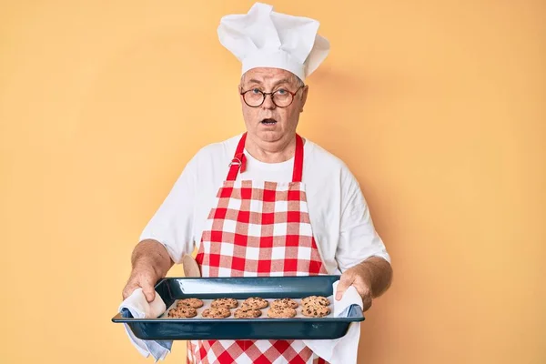 Hombre Mayor Pelo Gris Con Uniforme Panadero Sosteniendo Galletas Caseras —  Fotos de Stock