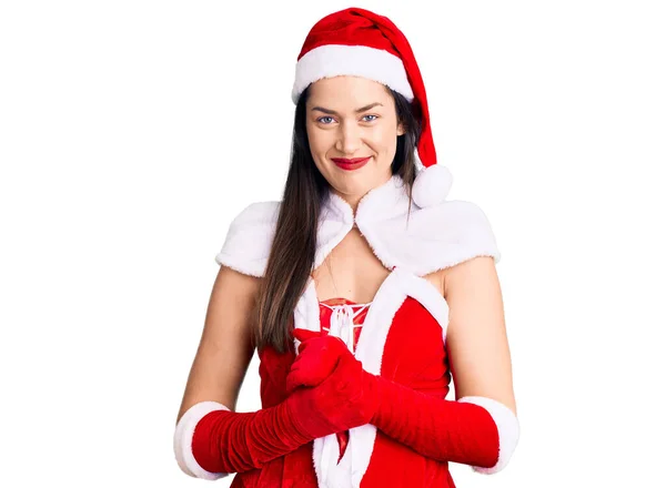Ung Vacker Kaukasiska Kvinna Bär Santa Claus Kostym Med Händerna — Stockfoto