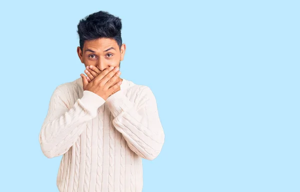 Handsome Latin American Young Man Wearing Casual Winter Sweater Shocked — Stock Photo, Image