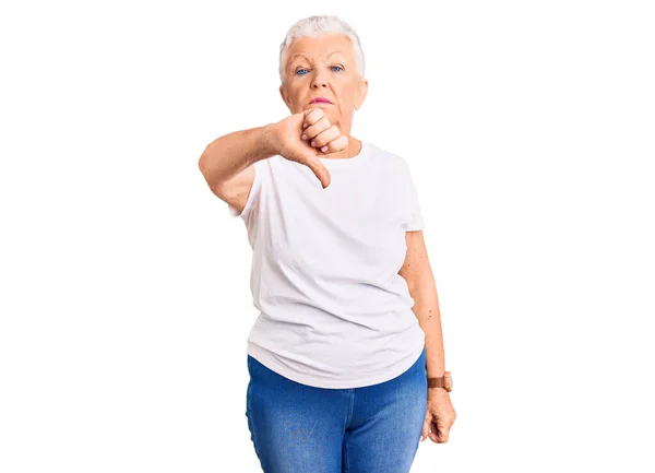 Senior Beautiful Woman Blue Eyes Grey Hair Wearing Casual White — Stock Photo, Image