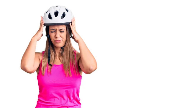 Young Beautiful Woman Wearing Bike Helmet Suffering Headache Desperate Stressed — Stock Photo, Image