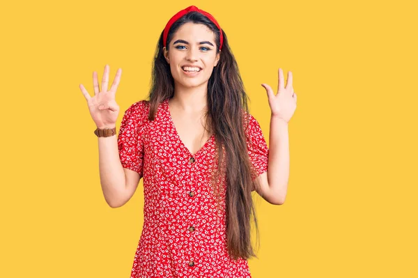 Brunette Teenager Girl Wearing Summer Dress Showing Pointing Fingers Number — Stock Photo, Image