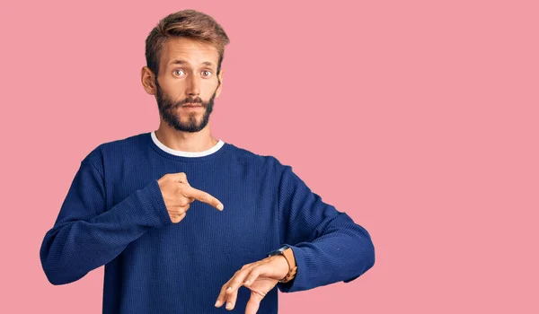 Handsome Blond Man Beard Wearing Casual Sweater Hurry Pointing Watch — Stock Photo, Image