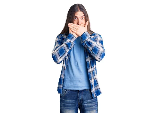 Young Adult Man Long Hair Wearing Casual Shirt Shocked Covering — Stock Photo, Image