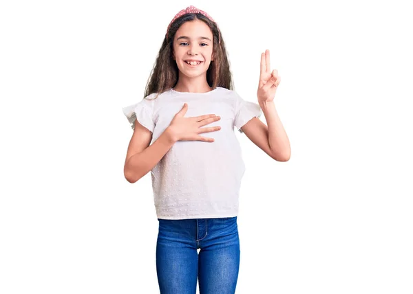 Cute Hispanic Child Girl Wearing Casual White Tshirt Smiling Swearing — Stock Photo, Image