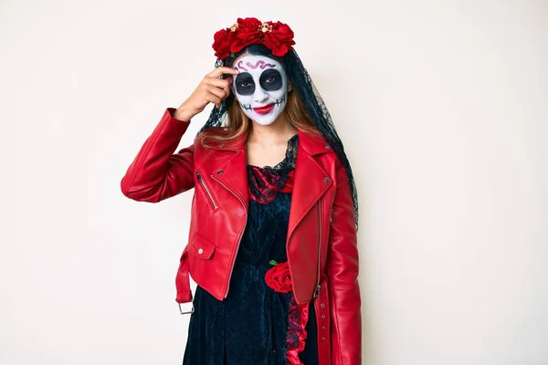 Woman Wearing Day Dead Costume White Pointing Unhappy Pimple Forehead — Stock Photo, Image