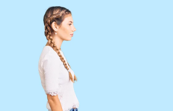 Beautiful Caucasian Woman Blonde Hair Wearing Braids White Tshirt Looking — Stock Photo, Image