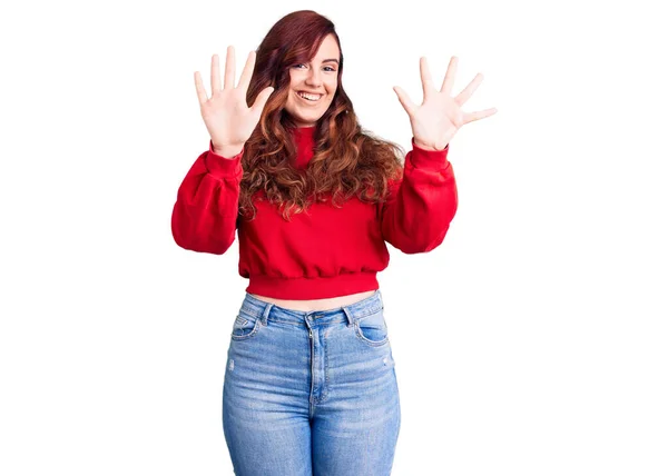 Young Beautiful Woman Wearing Casual Winter Sweater Showing Pointing Fingers — Stock Photo, Image
