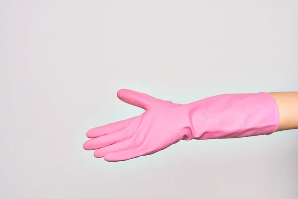 Hand Caucasian Young Woman Wearing Pink Cleaning Glove Doing Give — Stock Photo, Image