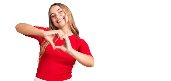 Giovane Bella Donna Bionda Indossa Abiti Casual Sorridente Amore Facendo — Foto Stock