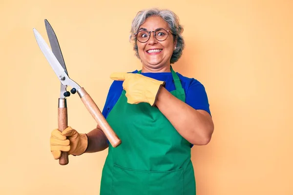 Mulher Hispânica Sênior Usando Avental Jardineiro Luvas Segurando Tesouras Sorrindo — Fotografia de Stock