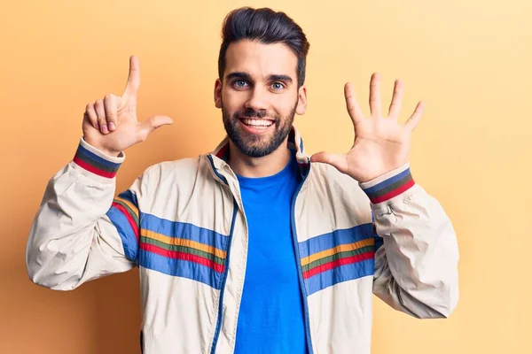 Young Handsome Man Beard Wearing Casual Jacket Showing Pointing Fingers — Stock Photo, Image