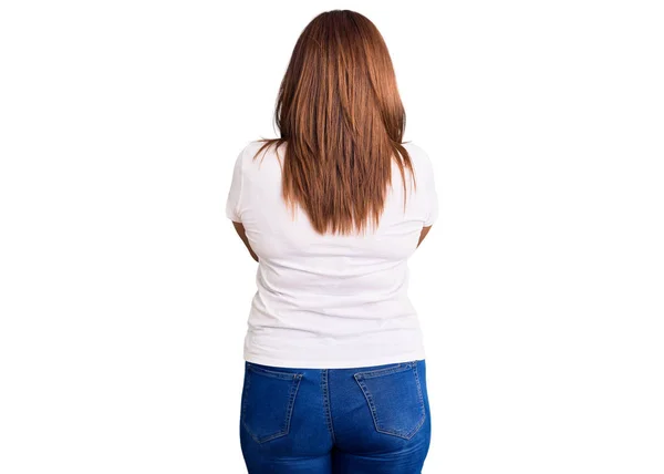 Middle Age Latin Woman Wearing Casual White Tshirt Standing Backwards — Stock Photo, Image